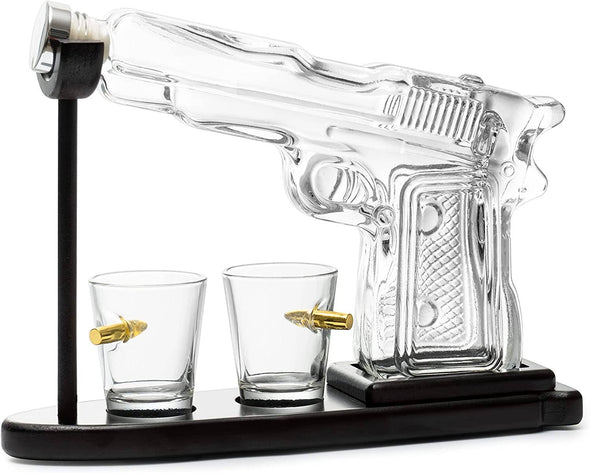 Pistol Gun Decanter Set + 2 Bullet shot Glasses & Wood Stand