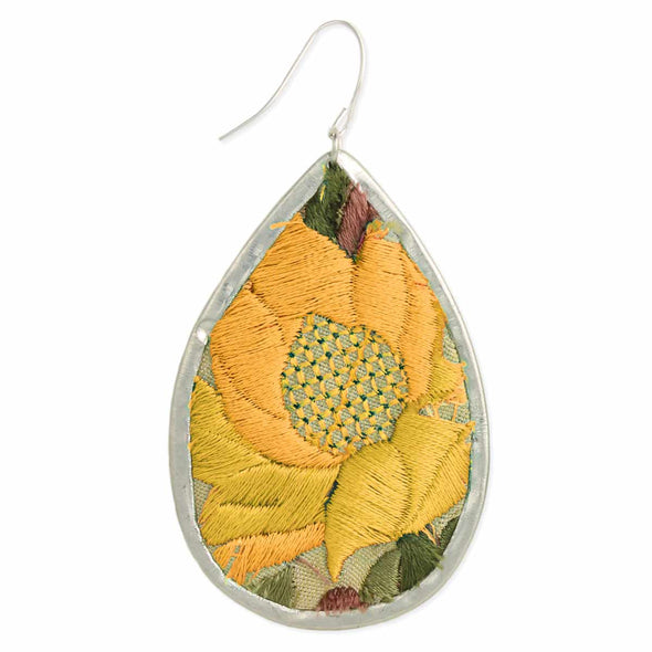 Yellow Floral Embroidered Silver Teardrop Earring