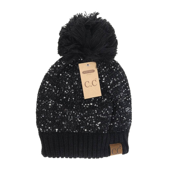 Fuzzy Lined Scatter Sequin Pom C.C Beanie