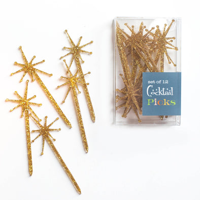 Gold Glitter Retro Starburst Cocktail Pick Set of 12