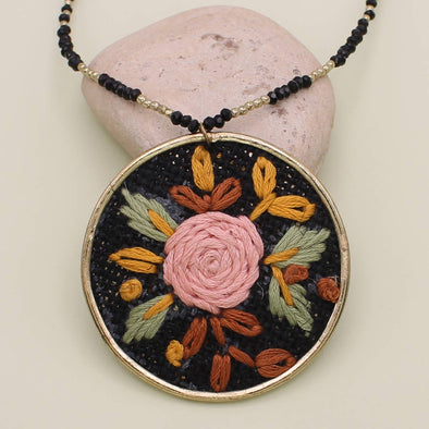 Black Floral Cross Stitch Bead Necklace
